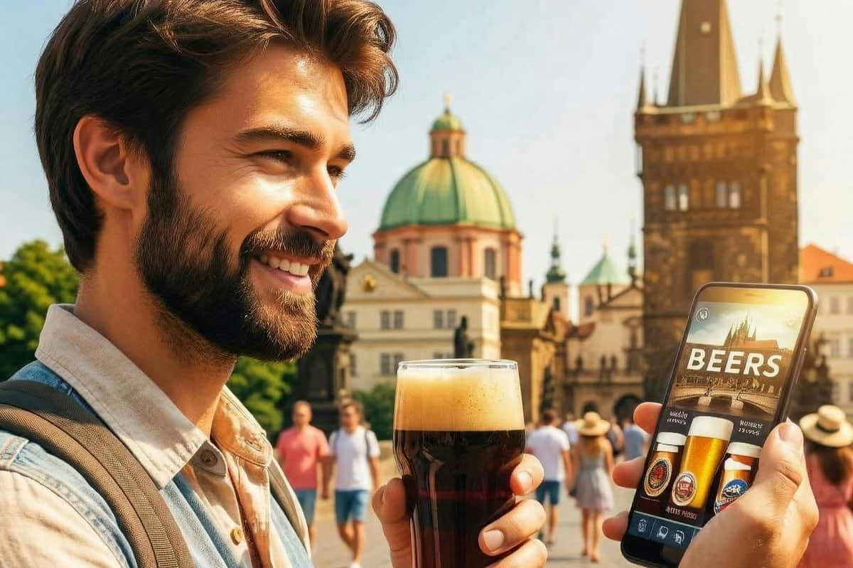 Prague: City Brewery Tour with Audio Guide + Pilsner Urquell Experience Ticket A smiling man with a beard holding a glass of dark beer in an outdoor setting with historic domed architecture in the background.