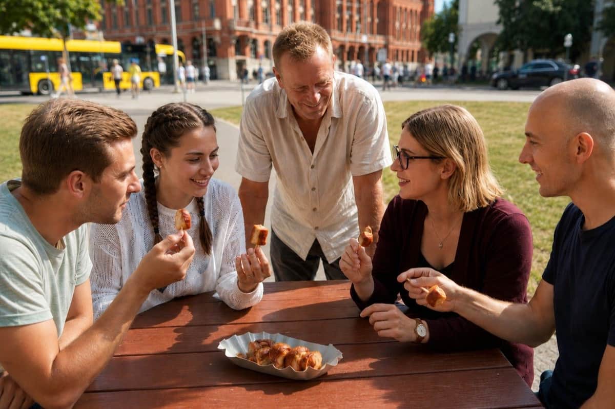Berlin: Mitte Culinary Guided Tour A group of people enjoying snacks outdoors at a wooden table in a sunny urban park.