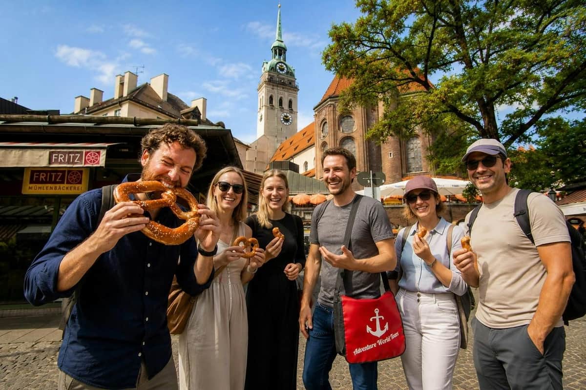 Munich: Viktualienmarkt Guided Food Tour A group of people smiling and holding pretzels in a sunny outdoor setting, with a church and trees in the background.