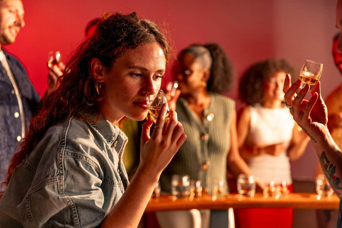 A woman smelling a drink in a glass, with other people standing and holding glasses in a warmly lit setting.