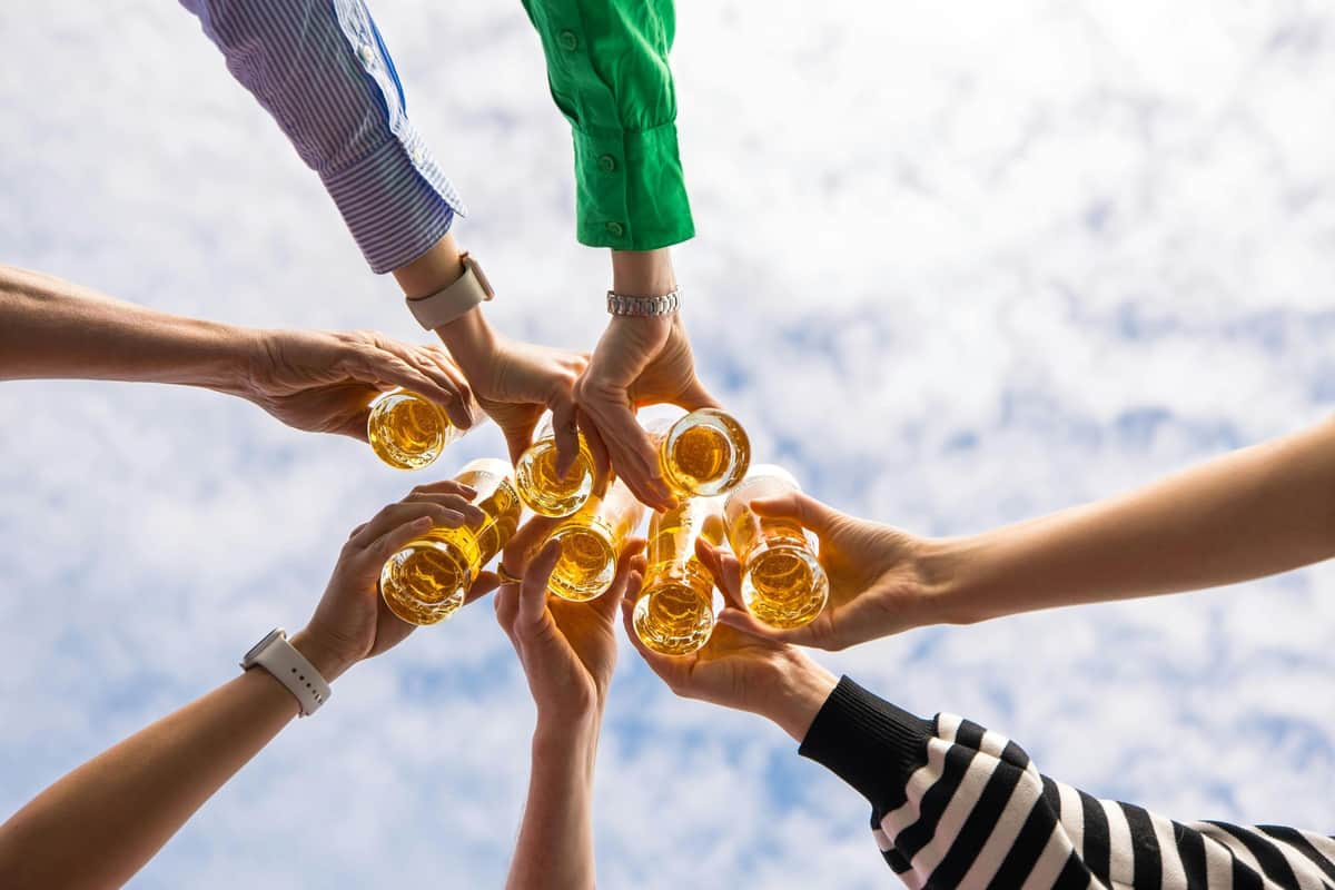 Heineken Experience: Entry Ticket + Rooftop Bar Several hands holding glasses filled with an amber-coloured liquid, raised together against a background of a cloudy sky.