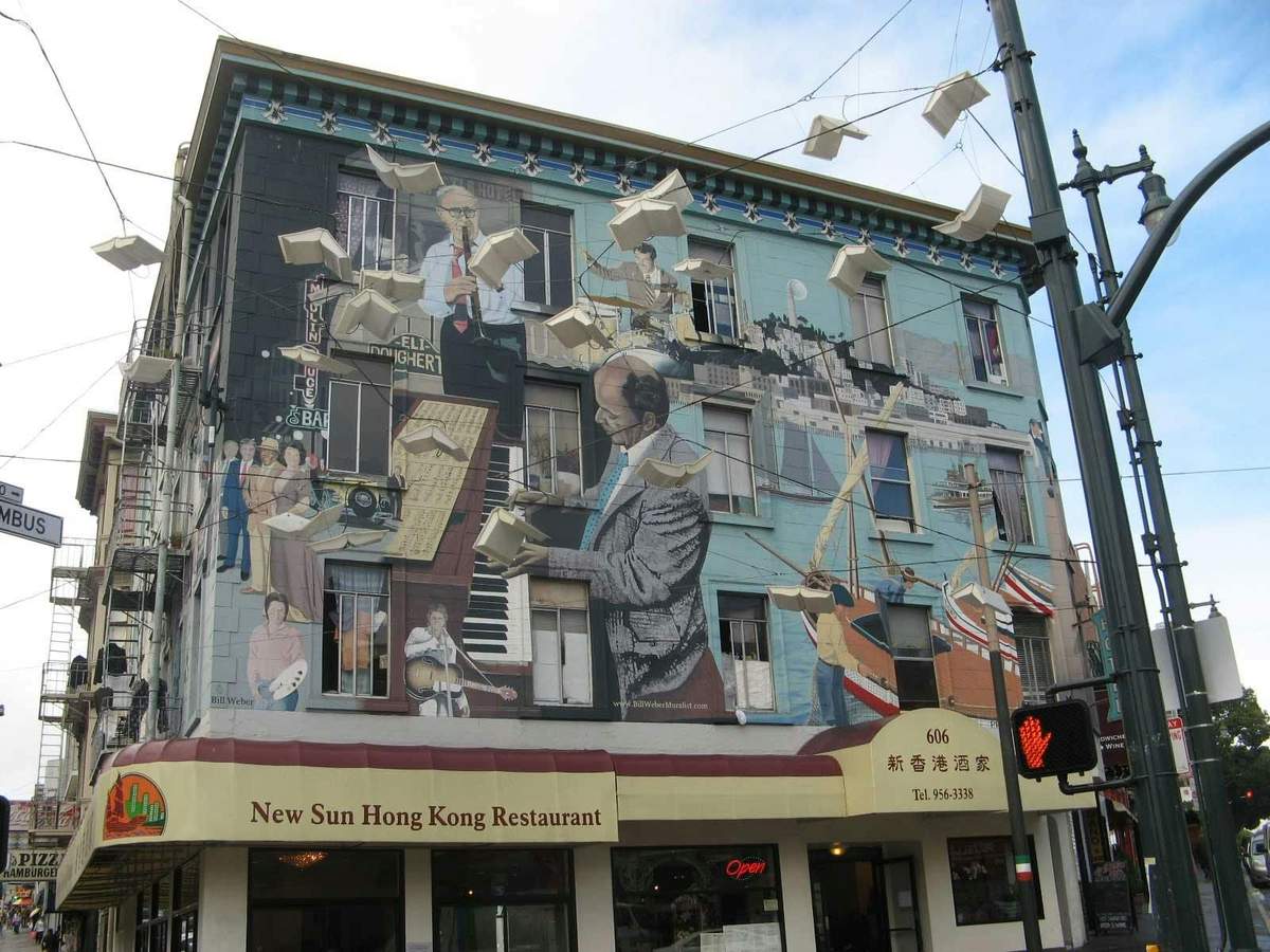 A mural-covered building depicts musicians, books, and other figures. "New Sun Hong Kong Restaurant" signage is visible at the bottom.