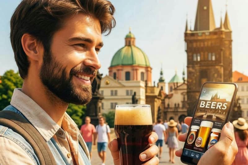 A smiling man with a beard holding a glass of dark beer in an outdoor setting with historic domed architecture in the background.