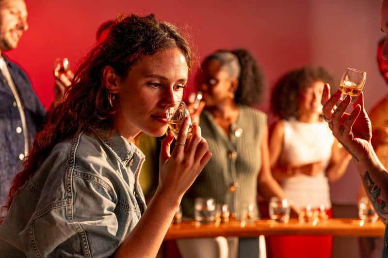 A woman smelling a drink in a glass, with other people standing and holding glasses in a warmly lit setting.