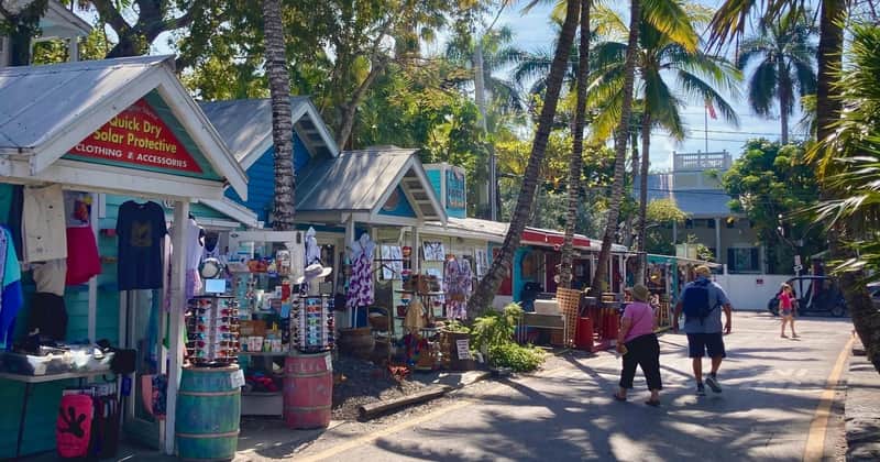 A colorful outdoor market with small shops under palm trees, displaying goods like clothing and sunglasses, with people browsing.