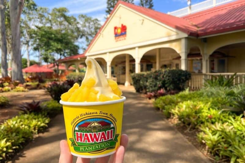 A hand holds a cup of pineapple soft-serve in front of a building labeled Dole Plantation with a garden in the foreground.